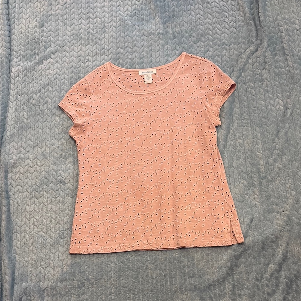 Sundance Eyelet Scoop Neck Cap Sleeve Cotton Light Pink Top